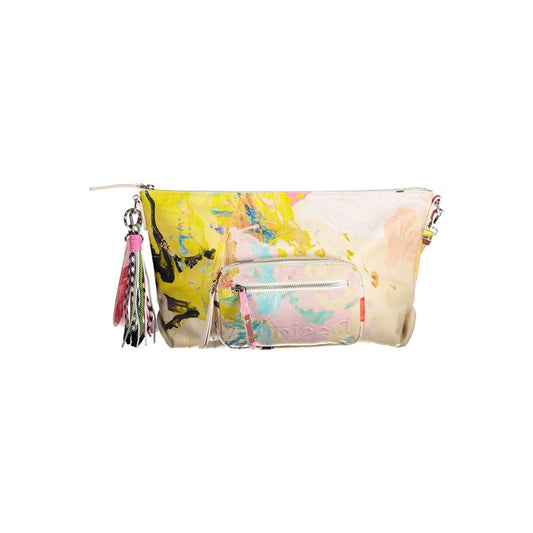 Colorful women's clutch bag with artistic design and attached tassels.