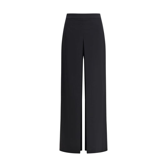 Di Stavnitser Black Polyester Casual Pants with wide leg and high waist, features sleek silhouette and invisible side zipper closure.