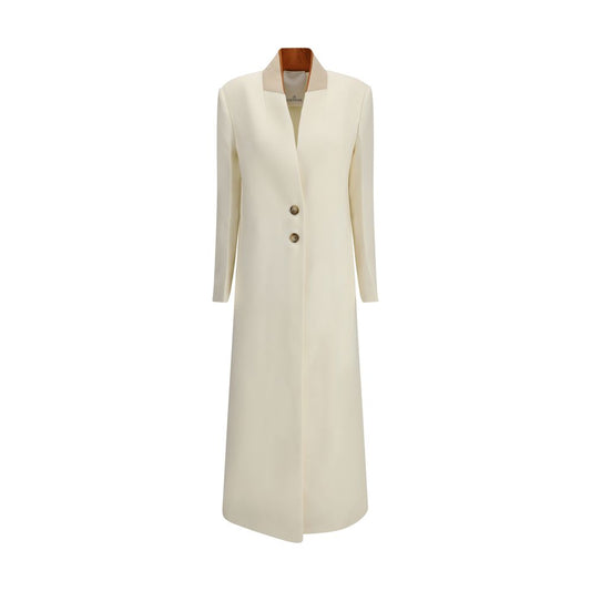 Di Stavnitser White Fleece Wool Coat with a slim silhouette, front buttons, side pockets, and ornate collar. AW25 season fashion.