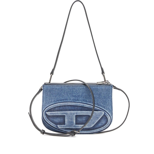 Diesel 1DR Twin denim shoulder bag in light blue with embossed logo, two zip-fastening compartments, detachable strap, and handle.
