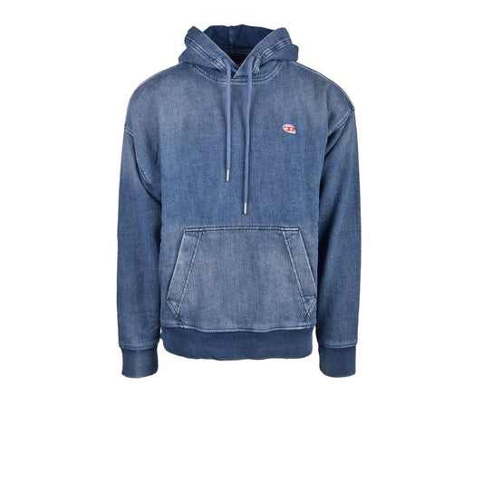 Diesel Blue Cotton Hoody with front pocket and drawstring, made from 98% cotton for comfort, perfect for cooler days and versatile occasions.