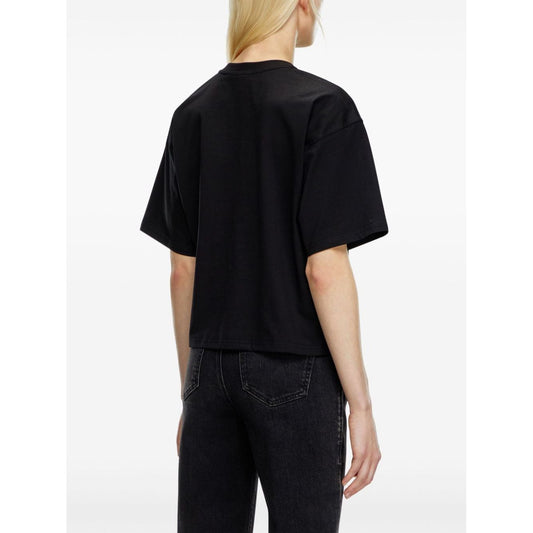 Back view of Diesel T-shirts and Polos Black, featuring a black stretch-cotton crew neck, cap sleeves, and straight hem design.