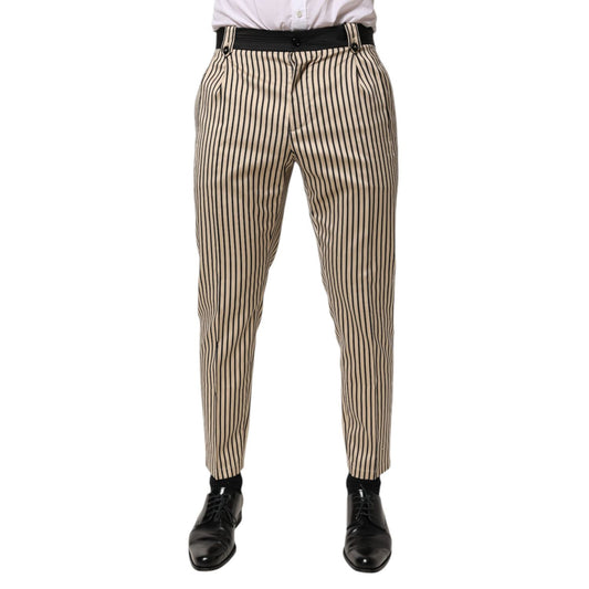 Dolce & Gabbana Beige Black Striped Cotton Slim Fit Trousers Pants