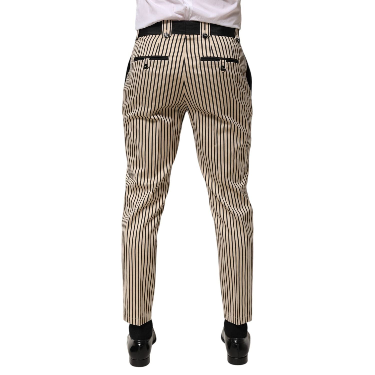 Dolce & Gabbana Beige Black Striped Cotton Slim Fit Trousers Pants