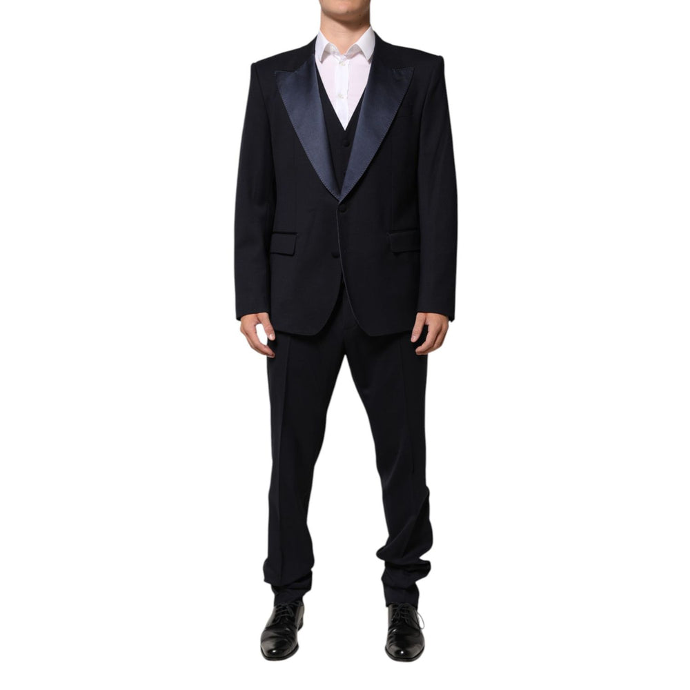 Dolce & Gabbana Black 3 Piece Wool Silk Blend Suit SICILIA with satin peak lapels, perfect for formal events.