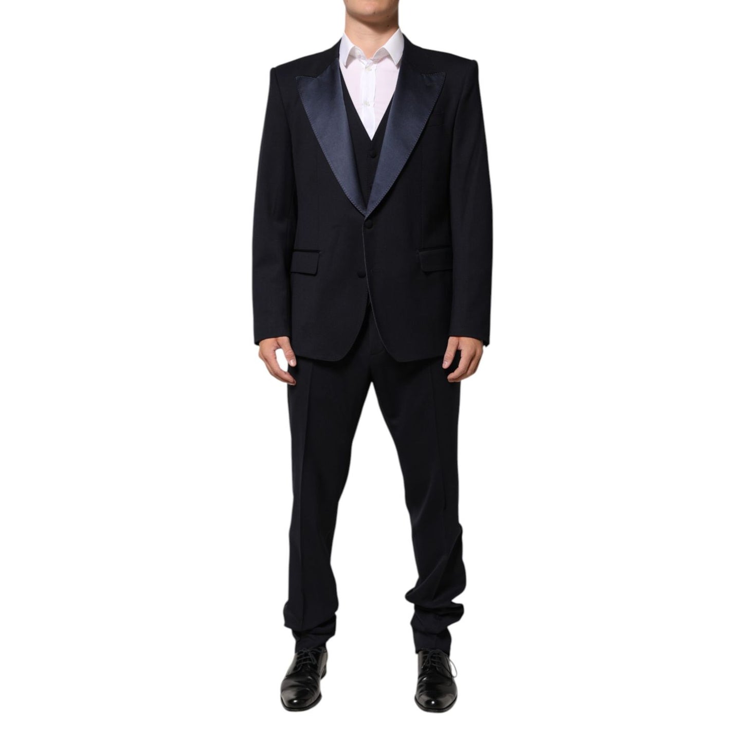 Dolce & Gabbana Black 3 Piece Wool Silk Blend Suit SICILIA with satin peak lapels, modeled for formal occasions and weddings.