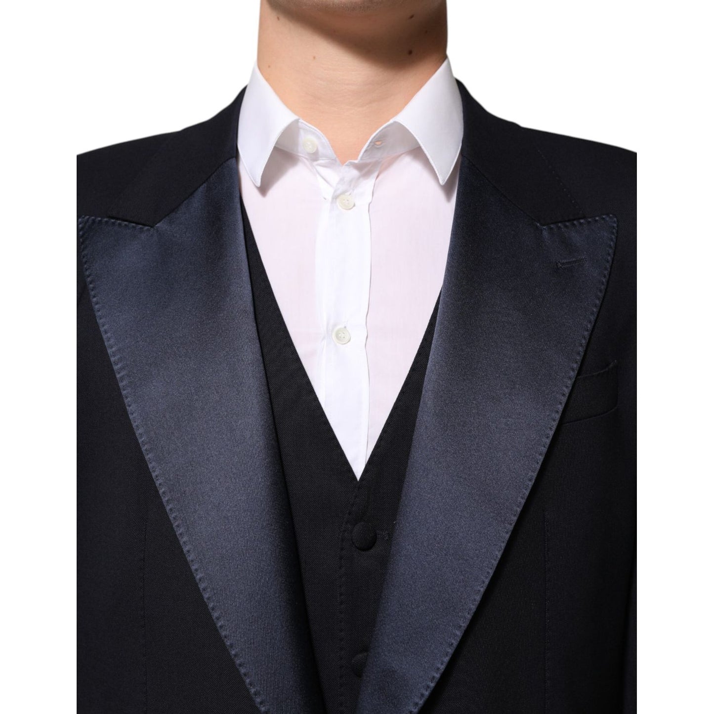 Dolce & Gabbana Black 3 Piece Wool Silk Blend Suit SICILIA with satin peak lapels for formal occasions.