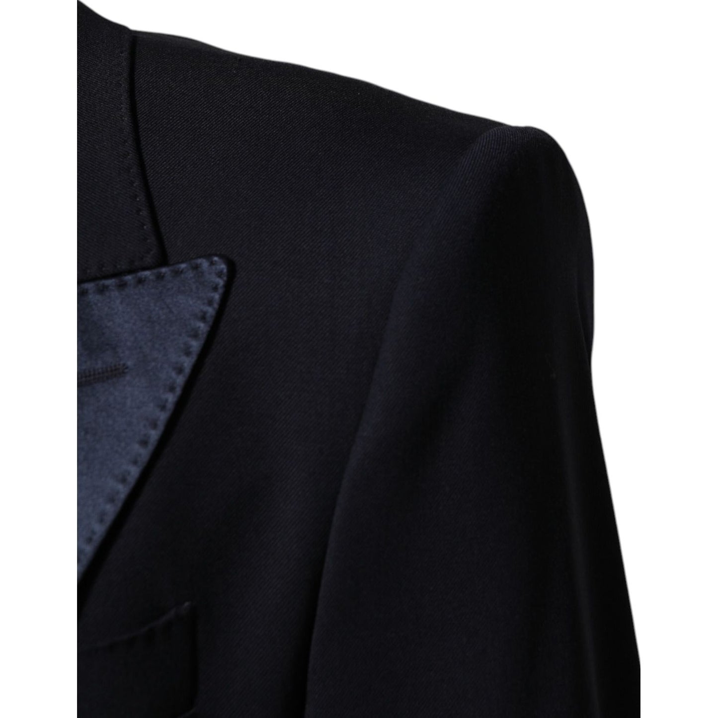 Dolce & Gabbana Black 3 Piece Wool Silk Blend Suit SICILIA with satin peak lapel detail, designed for formal occasions.