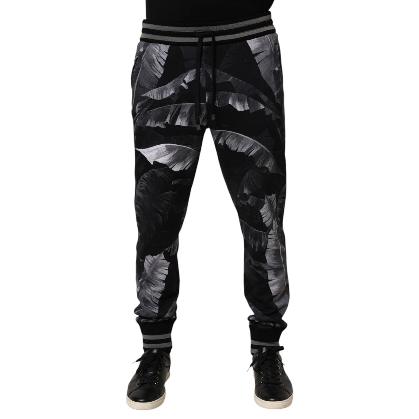 Dolce & Gabbana Black Banana Leaf Cotton Jogger Trouser Pants