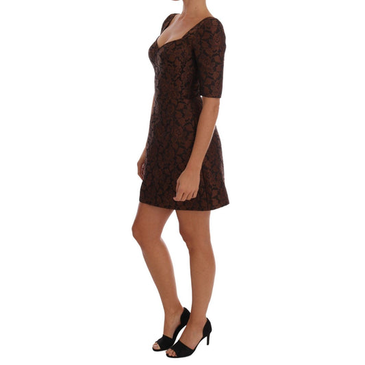 Dolce & Gabbana Black Brown Floral Brocade A-Line Dress with short sleeves, stretch silk lining, and a full zipper back closure.