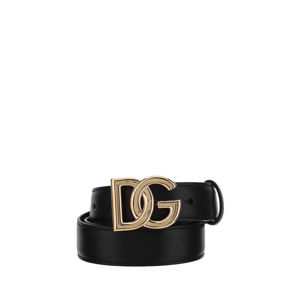 Dolce & Gabbana Black Calf Leather Bos Taurus Regular Belt with iconic DG monogram metal buckle.