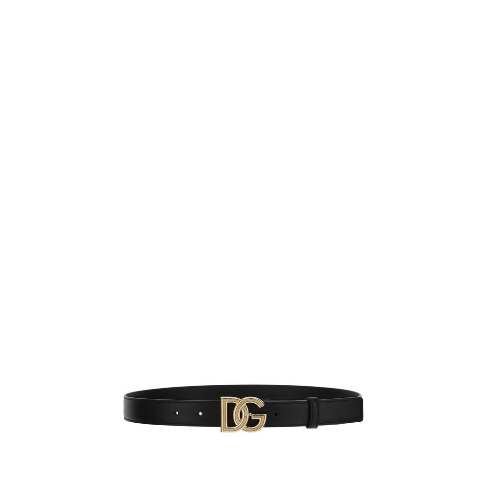 Dolce & Gabbana Black Calf Leather Bos Taurus Regular Belt with iconic metallic monogram buckle, perfect modern accessory for style statement.