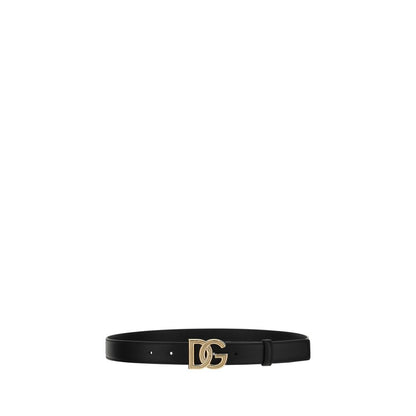 Dolce & Gabbana Black Calf Leather Bos Taurus Regular Belt with iconic metallic monogram buckle, perfect modern accessory for style statement.
