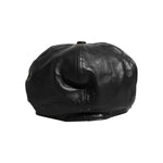 Back view of Dolce & Gabbana Black Calf Newsboy Capello Cabbie Hat showing minor scratches, high craftsmanship leather design, made in Italy.
