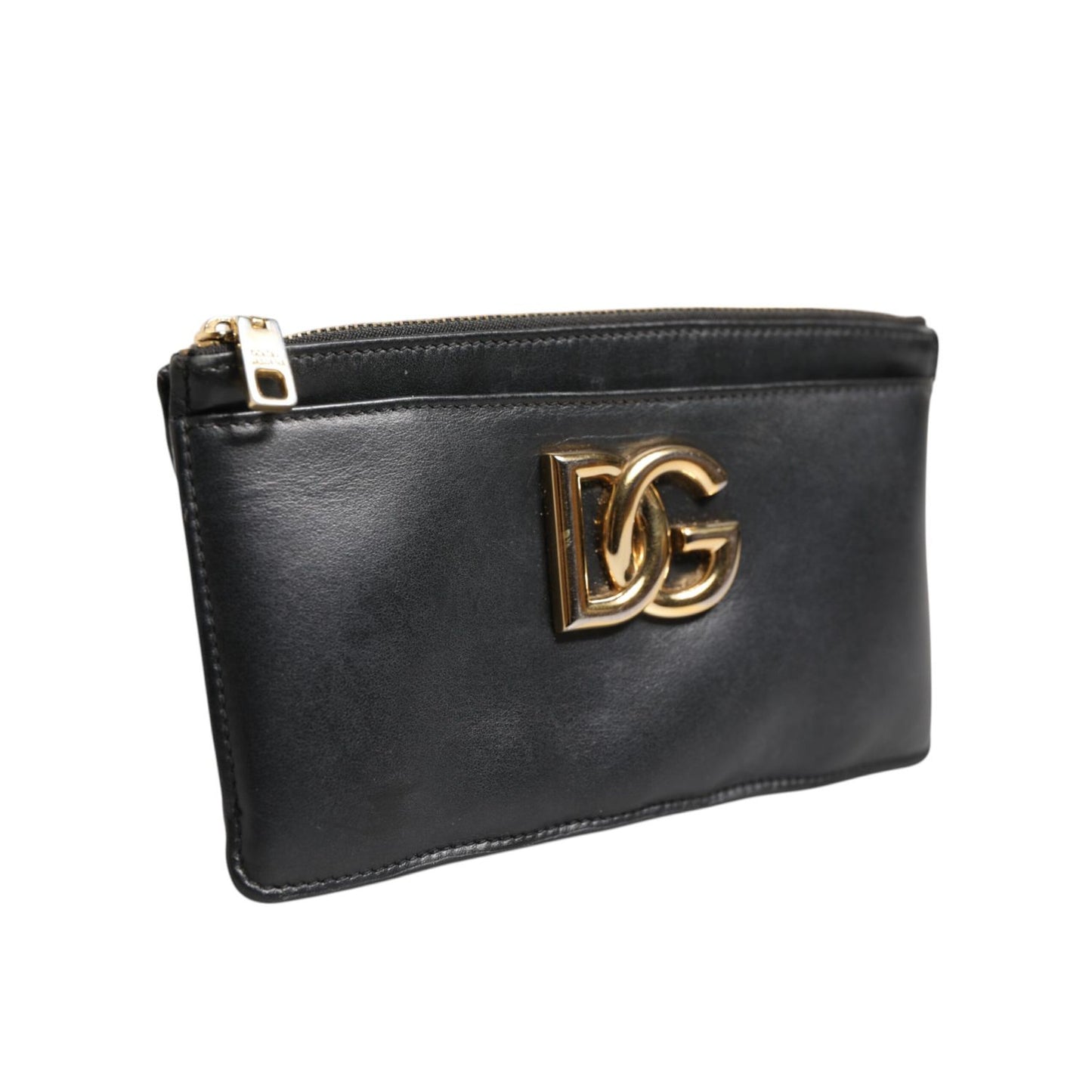 Dolce & Gabbana Black Calfskin Leather DG Logo Women Card Holder Wallet with metal logo and zipper fastening.