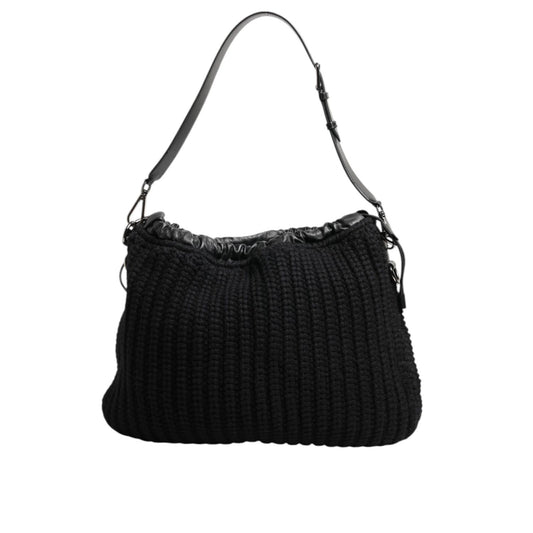 Dolce & Gabbana Black Cashmere Knitted Leather Shoulder Women Borse Bag with zipper fastening and logo engraved hardware.