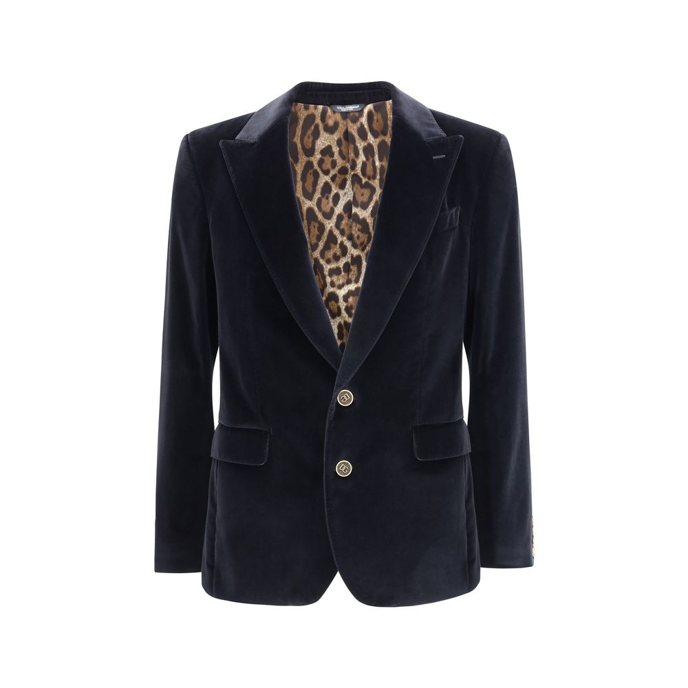 Dolce & Gabbana Black Cotton Blazer with velvet finish, rounded peak lapels, button closure, and animal print lining, ideal for formal occasions.