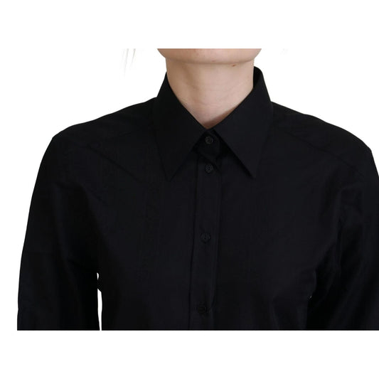 Dolce & Gabbana Black Cotton Collared Long Sleeves Shirt, front button closure, 100% cotton with minor defect, hole on right sleeve.