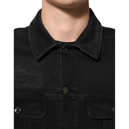 Dolce & Gabbana Black Cotton Denim Stretch Button Up Jacket with button closure and chest pockets, made in Italy.