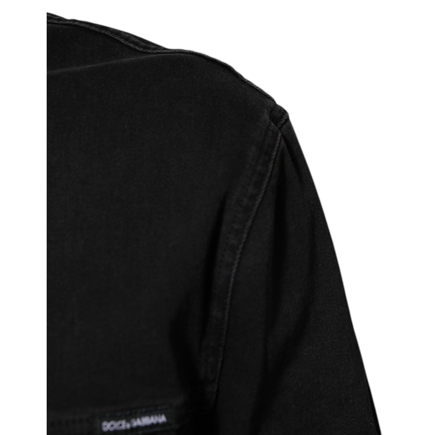 Dolce & Gabbana Black Cotton Denim Stretch Button Up Jacket close-up of fabric and stitching