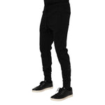 Dolce & Gabbana Black Cotton Jogger Jogging Men Trouser Pants with drawstring closure and logo details, shown from the front.