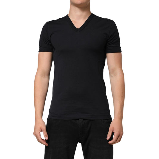 Dolce & Gabbana Black Cotton Plain V-Neck Men Shirt T-shirt featuring short sleeves and regular fit for versatile styling.