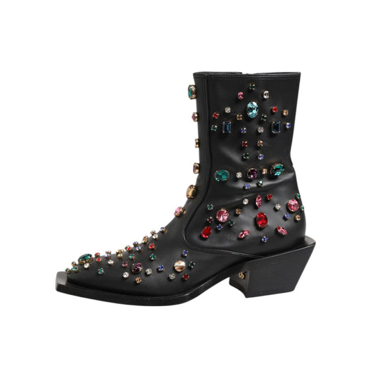 Dolce & Gabbana Black Crystal Cowboy Leather Men Boots Shoes with colorful crystal embellishments on black leather, side view.