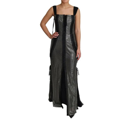 Dolce & Gabbana Black Crystals Lace Up Runway Gown Dress