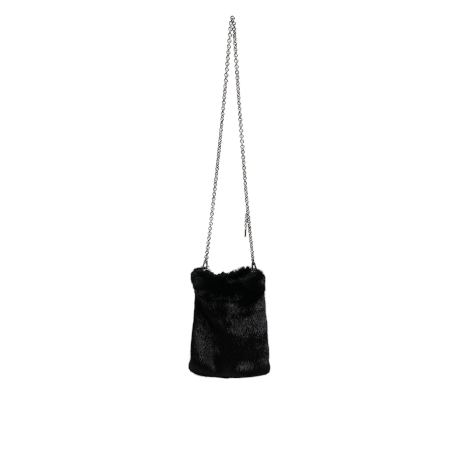 Dolce & Gabbana Black Faux Fur Silver Chain Crossbody Shoulder Purse Bag