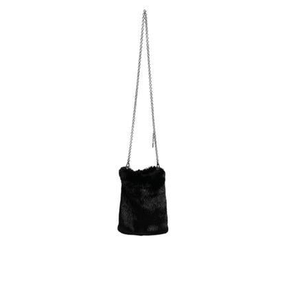 Dolce & Gabbana Black Faux Fur Silver Chain Crossbody Shoulder Purse Bag