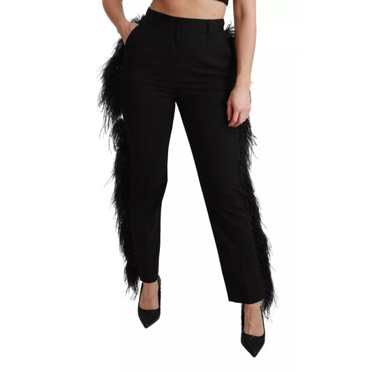 Dolce & Gabbana Black Feather Straight High Waist Pants with zipper closure, made of virgin wool, featuring logo details, photographed on model.