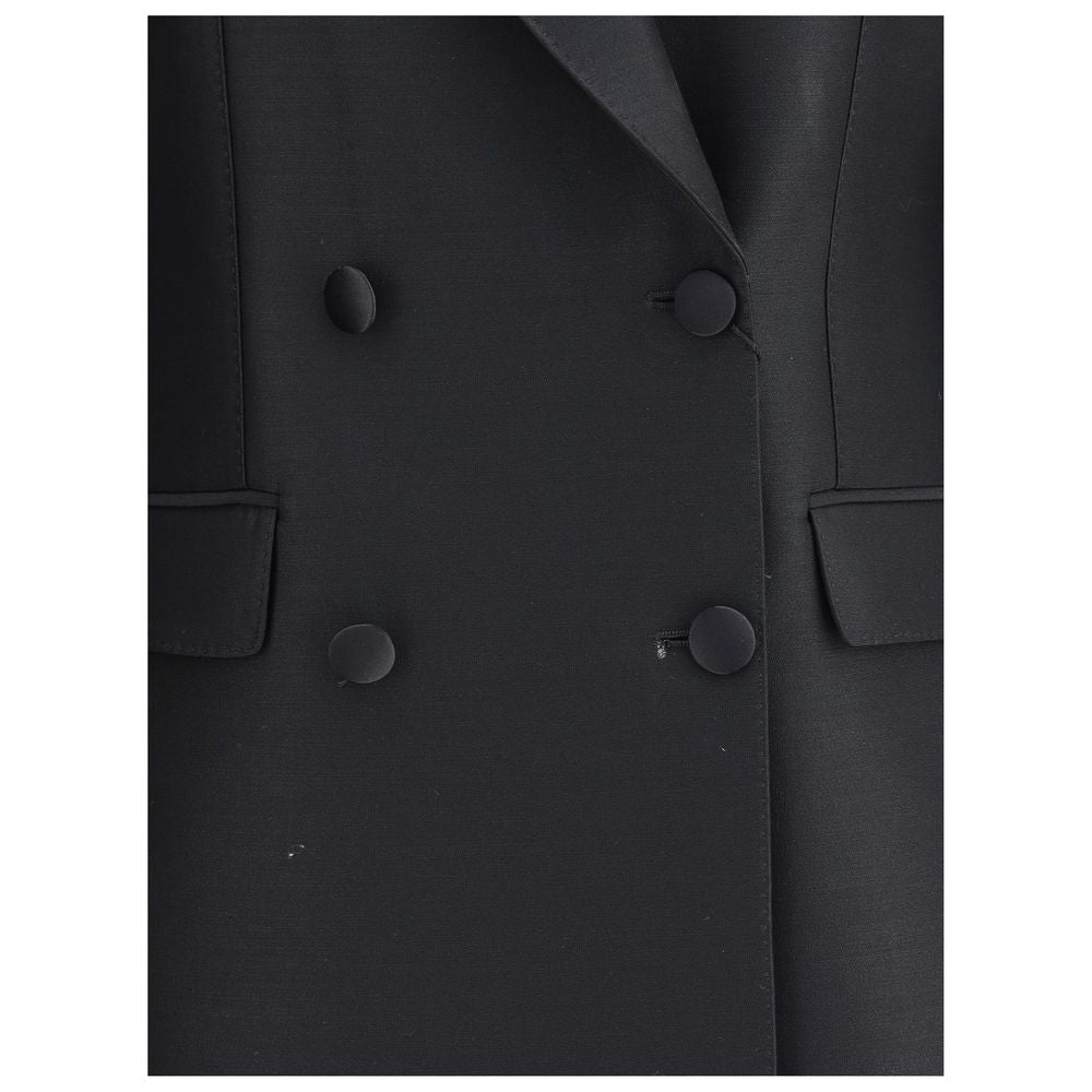Dolce & Gabbana Black Fleece Wool Blazer double-breasted detail with peaked lapels and four-button closure.