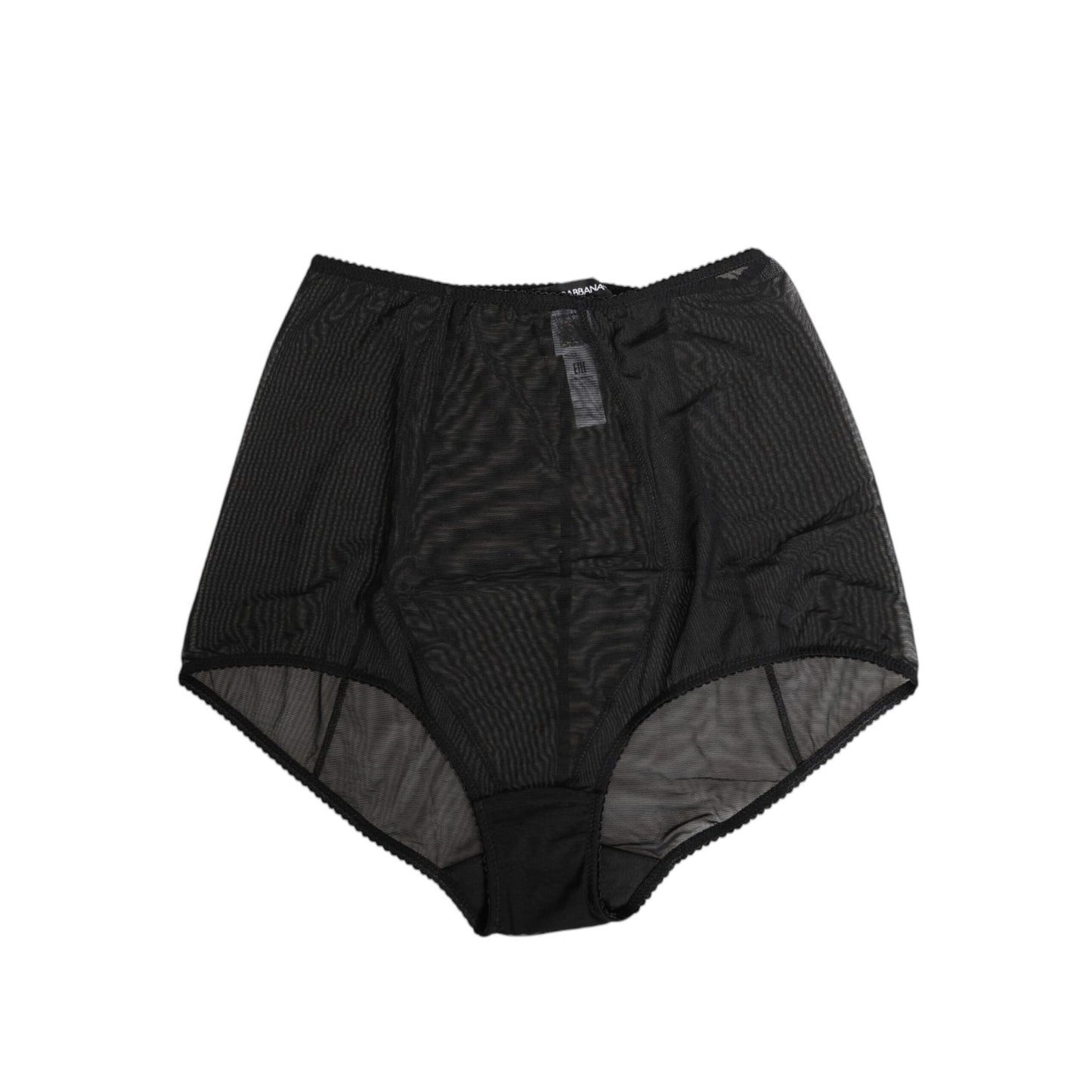 Dolce & Gabbana Black High Waist Mesh Sheer Shapewear Underwear with logo details, made in Italy, showcased against white background.