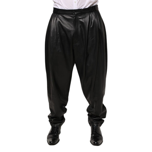 Dolce & Gabbana Black Lamb Leather Trousers Men Pants shown in front view with button and zip closure.