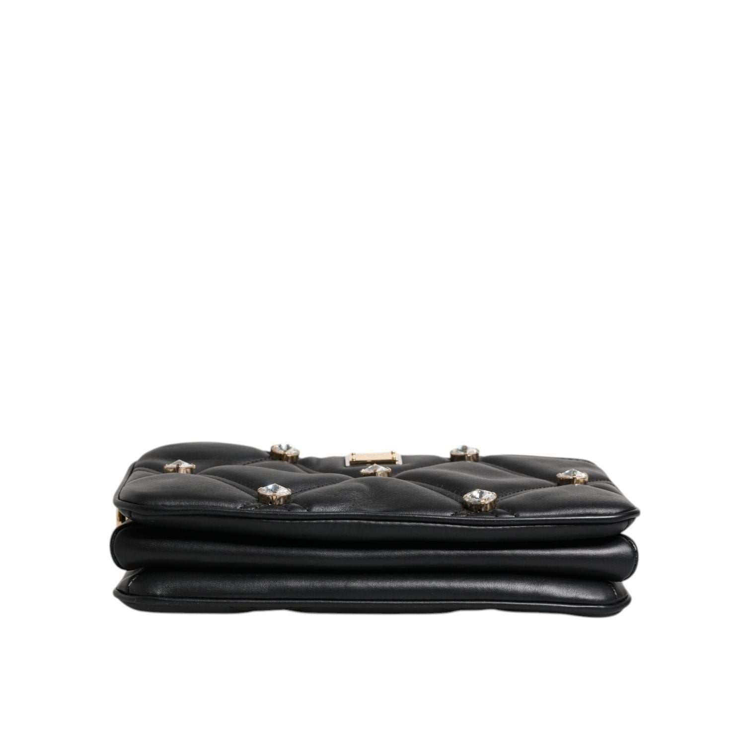Dolce & Gabbana Black Leather Crystal Embellished Logo Shoulder Bag