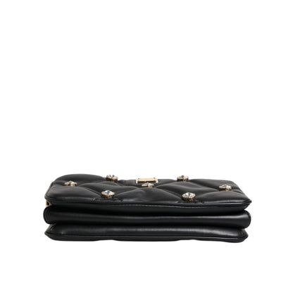 Dolce & Gabbana Black Leather Crystal Embellished Logo Shoulder Bag