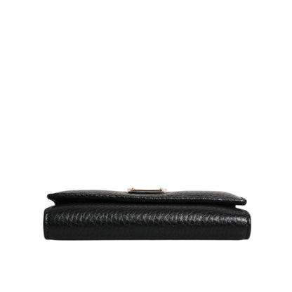 Dolce & Gabbana Black Leather Gold Metal Logo Plaque Trifold Keyring