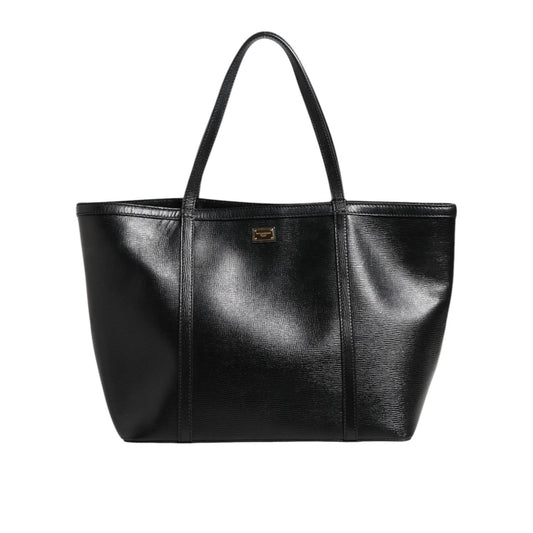 Dolce & Gabbana Black Leather Miss Escape Shopping Tote Women Borse Bag with gold detailing, elegant Italian design.