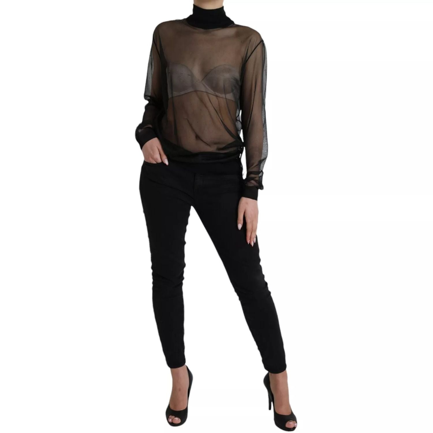 Dolce & Gabbana Black Mesh Turtleneck Sheer Blouse Top
