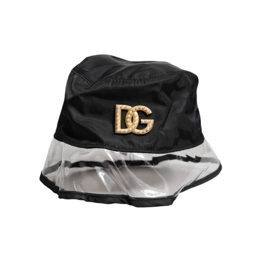 Dolce & Gabbana Black Nylon PVC DG Logo Bucket Hat with gold logo detail, made in Italy for women. Elegant and chic headwear fashion.