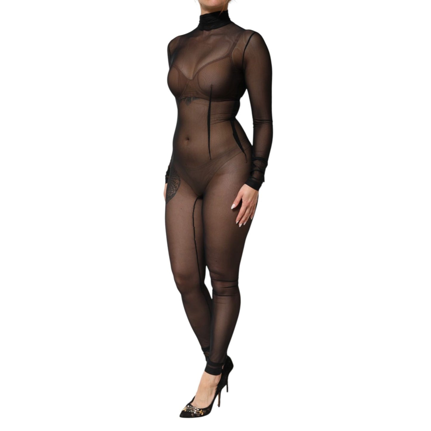 Dolce & Gabbana Black Sheer Mesh Long Sleeve Jumpsuit Bodysuit Dress