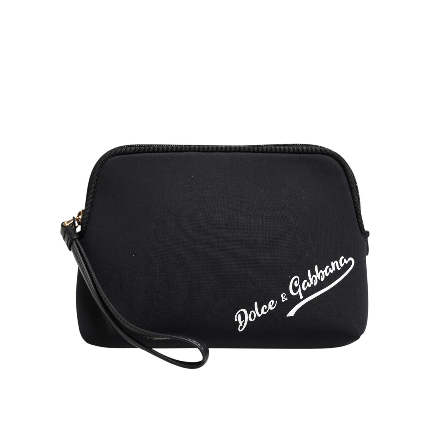 Dolce & Gabbana Black Solid Nylon DG LogoPrint Clutch Zip Borse Pouch Bag with wrist strap and gold-tone hardware.
