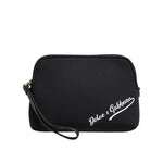 Dolce & Gabbana Black Solid Nylon DG LogoPrint Clutch Zip Borse Pouch Bag with wrist strap and gold-tone hardware.