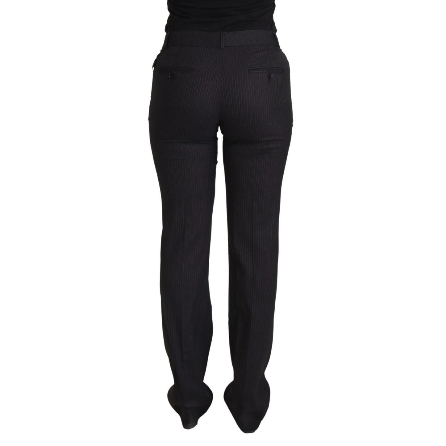 Back view of Dolce & Gabbana Black Stripes Mid Waist Trouser Pants, brand new with tags, made from wool blend, showcasing exclusive design.