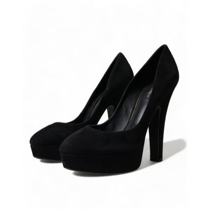 Dolce & Gabbana Black Suede Leather Platform Heel Pumps Shoes with covered platform and column heel.