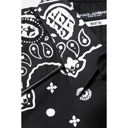 Dolce & Gabbana Black White Bandana MARTINI Casual Shirt close-up with button-down detail and logo, slim fit, made in Italy