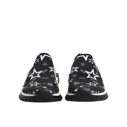 Dolce & Gabbana Black White Sorrento Low Top Sneakers Shoes with star pattern, fabric material, rubber sole, front view. Made in Italy.