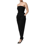 Dolce & Gabbana Black Wool Strapless Romper Jumpsuit Dress, made in Italy, featuring luxurious craftsmanship, zipper closure, and logo details.