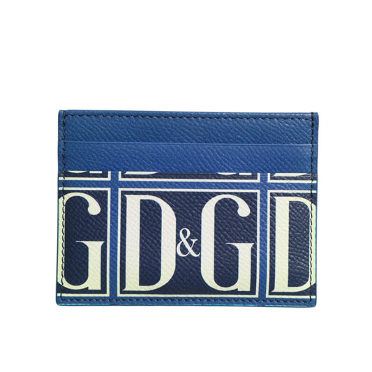 Dolce & Gabbana Blue Calf Leather DG Logo Monogram Card Holder Wallet featuring multiple card slots and iconic design.