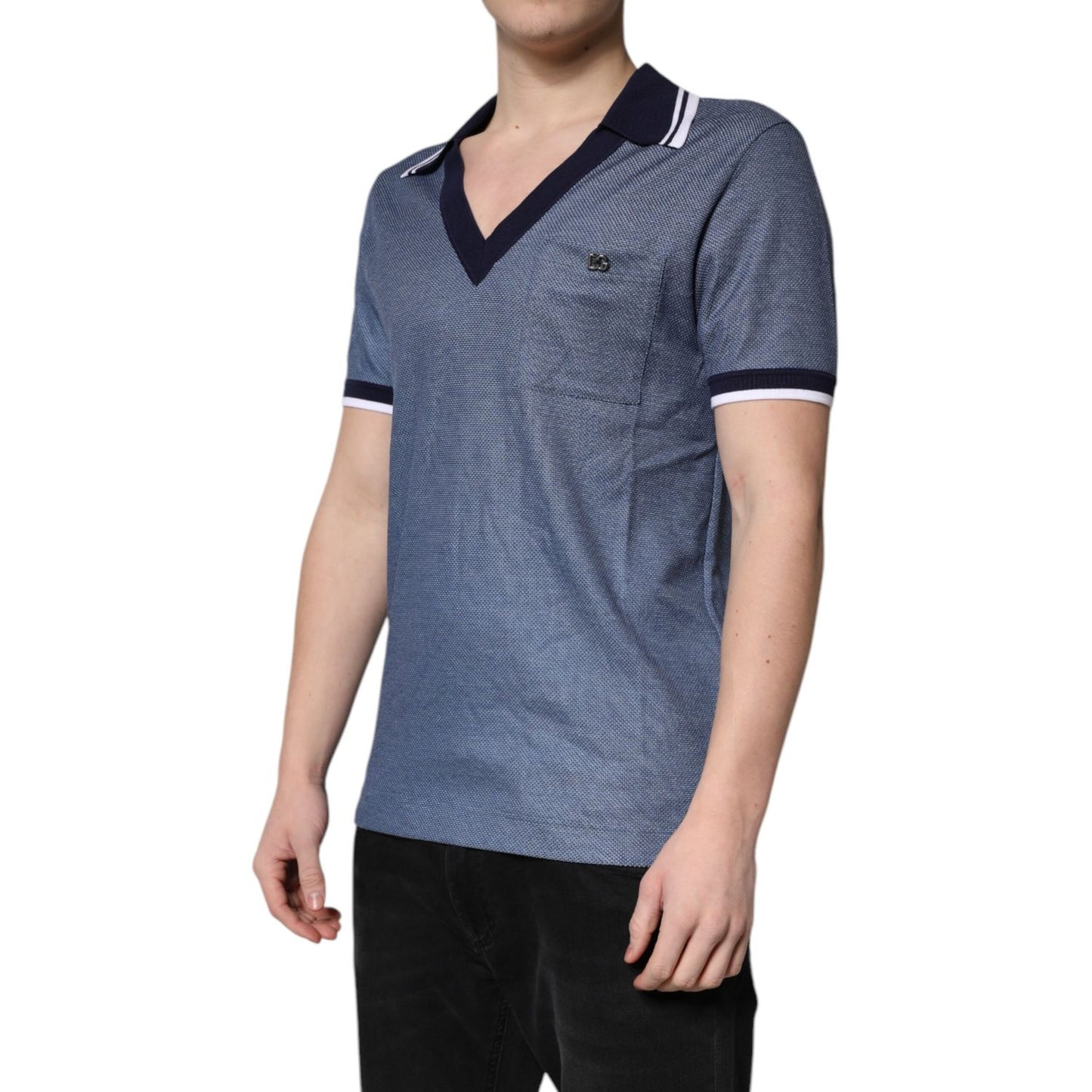 Dolce & Gabbana Blue Collared V-neck Silk Blend Polo T-shirt